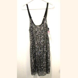 Black & Silver Sequins Sheer Slip Dress w/ Picot 1X NWT